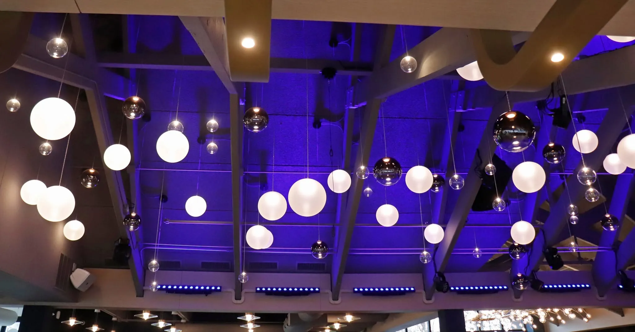 Pendant lighting above the tables