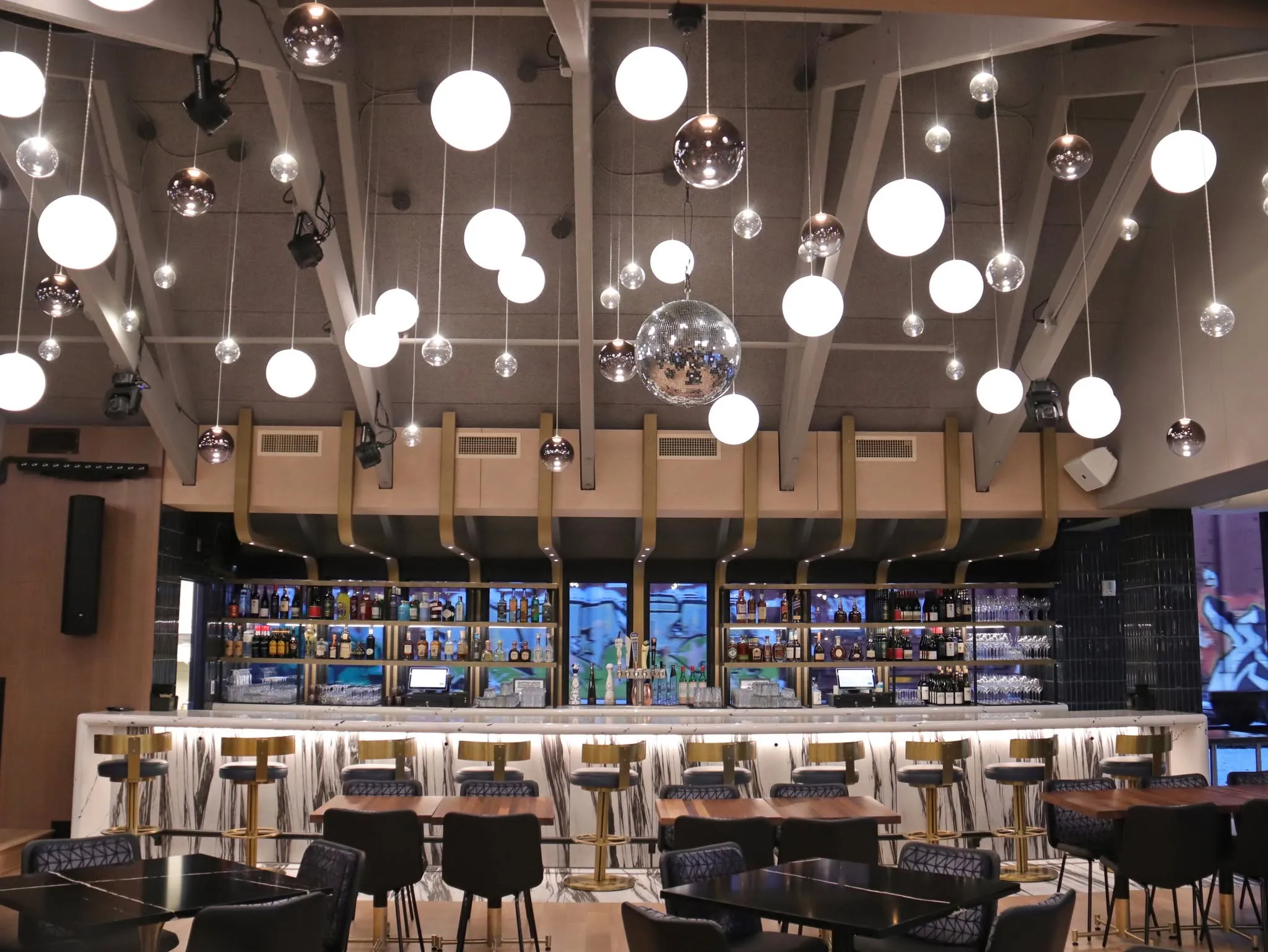 The wine display, softly lit
